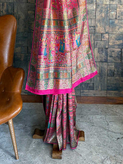 Pink Banarasi Katan Silk Saree | Darbari Style with Traditional Kalamkari Zari Work