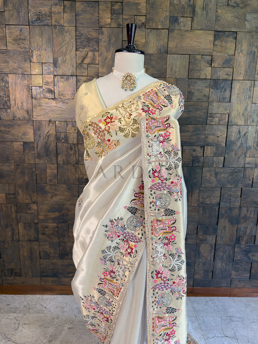 Gold Tissue Silk Saree with Zari Weaving &amp; Hand Work