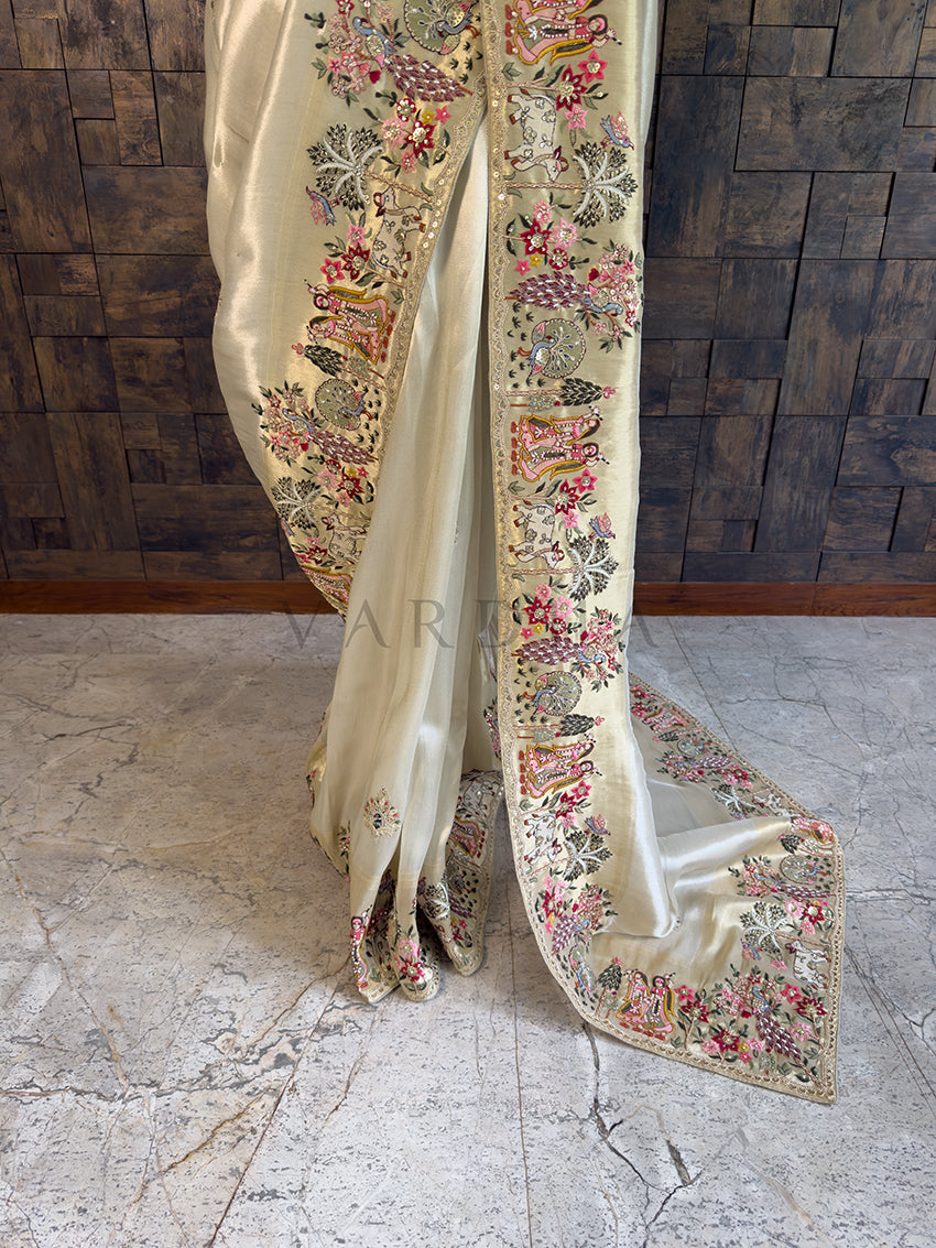 Gold Tissue Silk Saree with Zari Weaving &amp; Hand Work