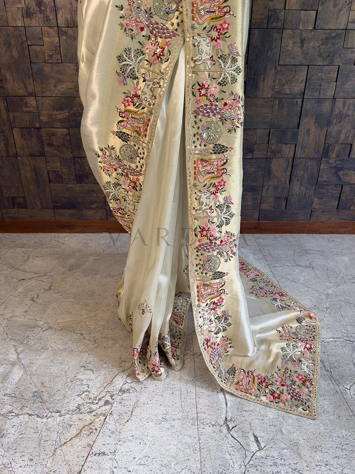 Gold Tissue Silk Saree with Zari Weaving &amp; Hand Work