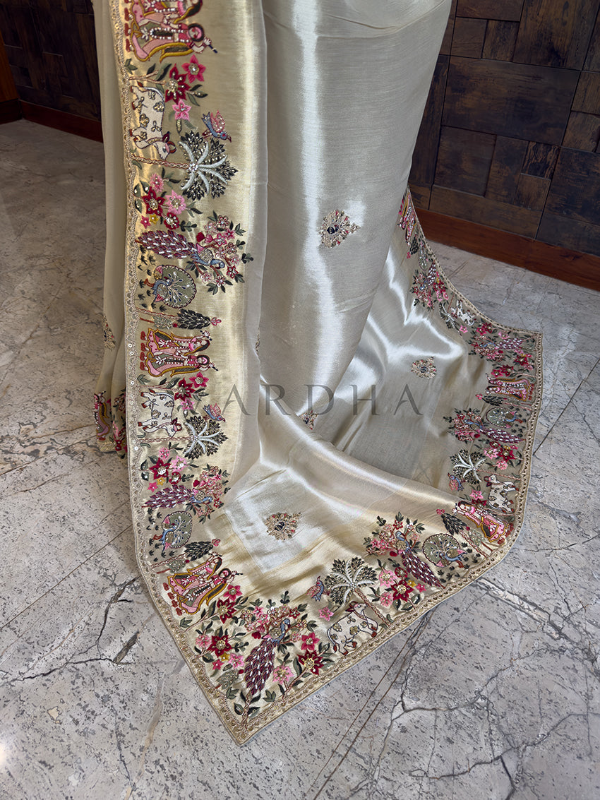 Gold Tissue Silk Saree with Zari Weaving &amp; Hand Work