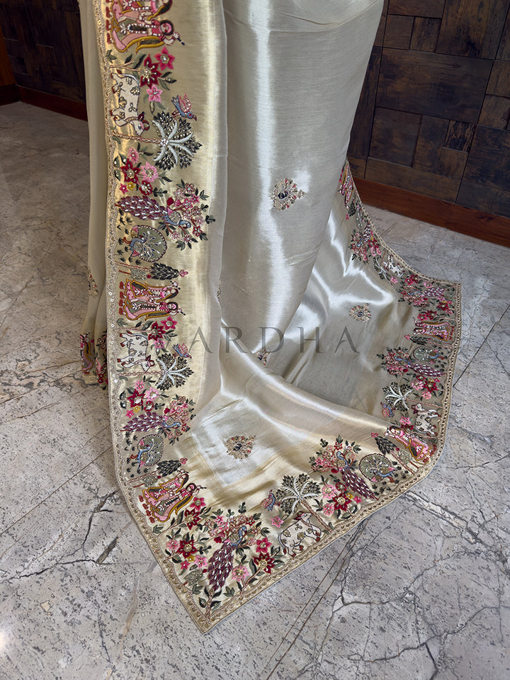 Gold Tissue Silk Saree with Zari Weaving &amp; Hand Work