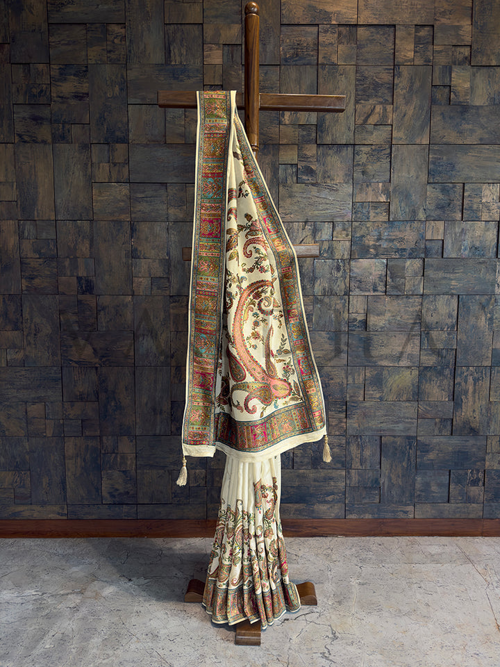 Cream Viscose Silk Saree | Kashmiri Jamawar with Zarkan Work