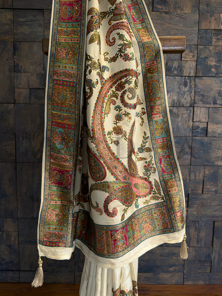 Cream Viscose Silk Saree | Kashmiri Jamawar with Zarkan Work