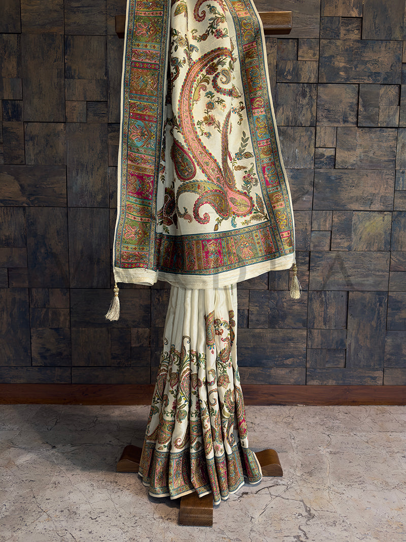 Cream Viscose Silk Saree | Kashmiri Jamawar with Zarkan Work