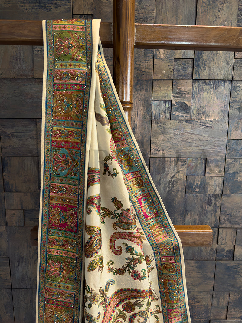 Cream Viscose Silk Saree | Kashmiri Jamawar with Zarkan Work