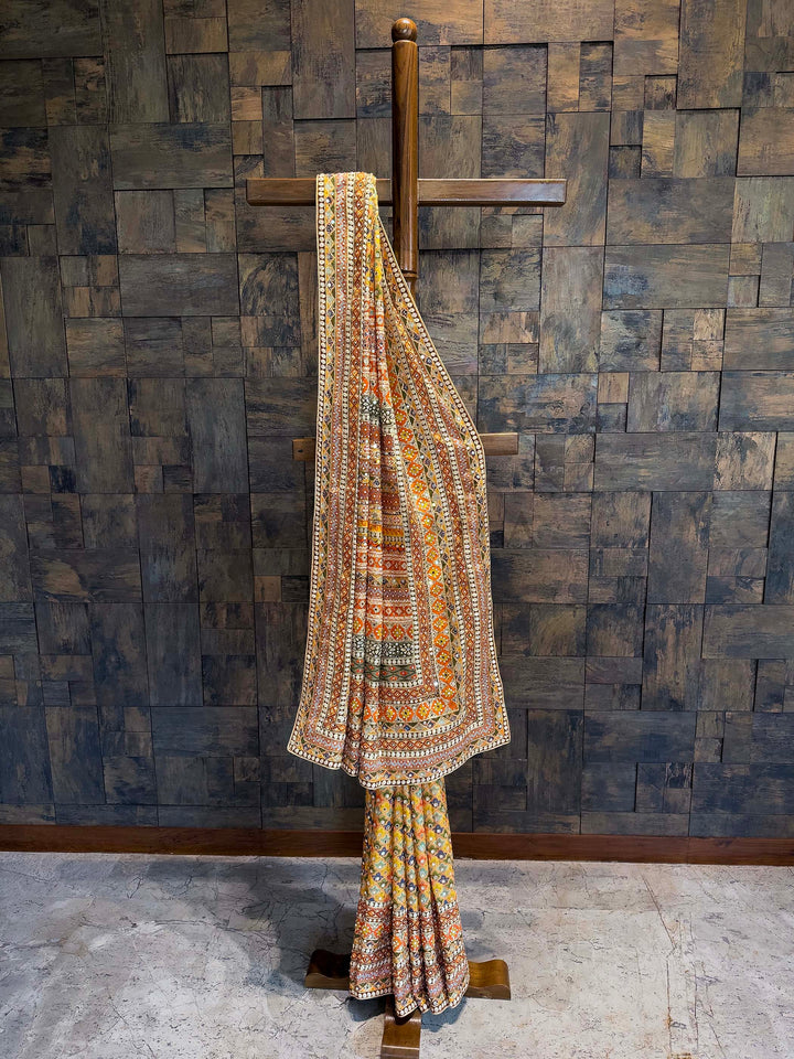 Mustard Viscose Kutch Embroidery Saree with Mirror Work