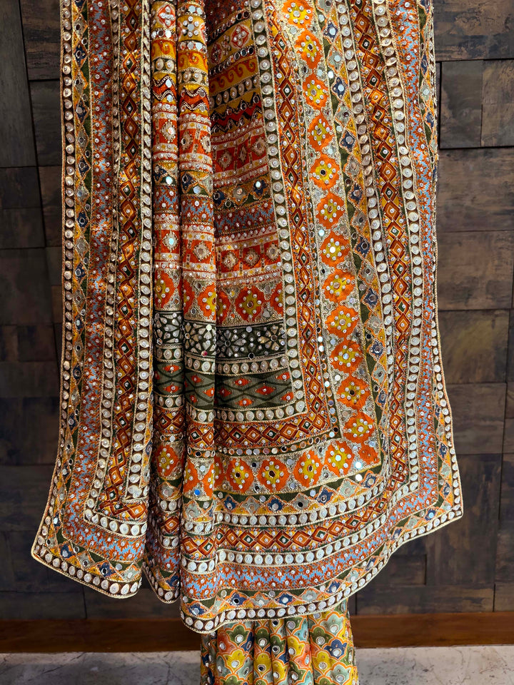 Mustard Viscose Kutch Embroidery Saree with Mirror Work