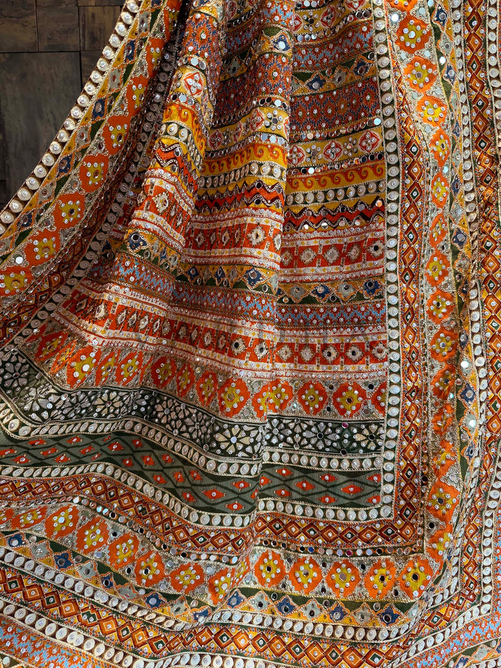 Mustard Viscose Kutch Embroidery Saree with Mirror Work