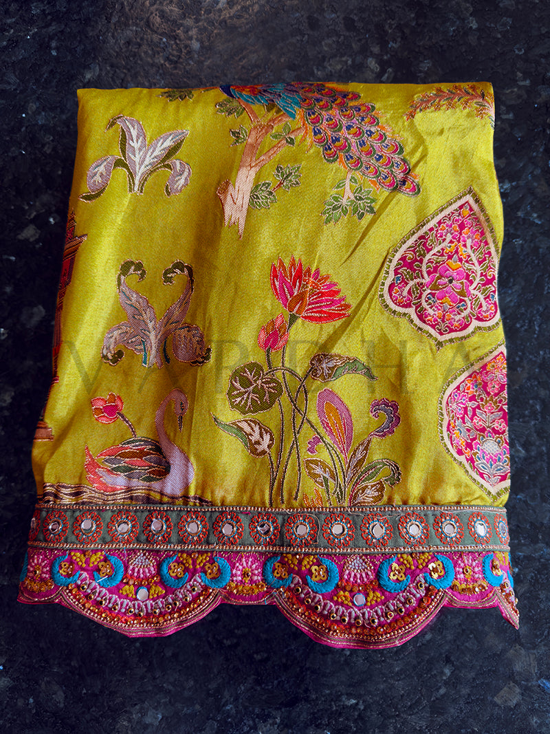 Picchwai Art Yellow Viscose Gaji Saree | Scalloped Border with Mirror & Zarkan Work