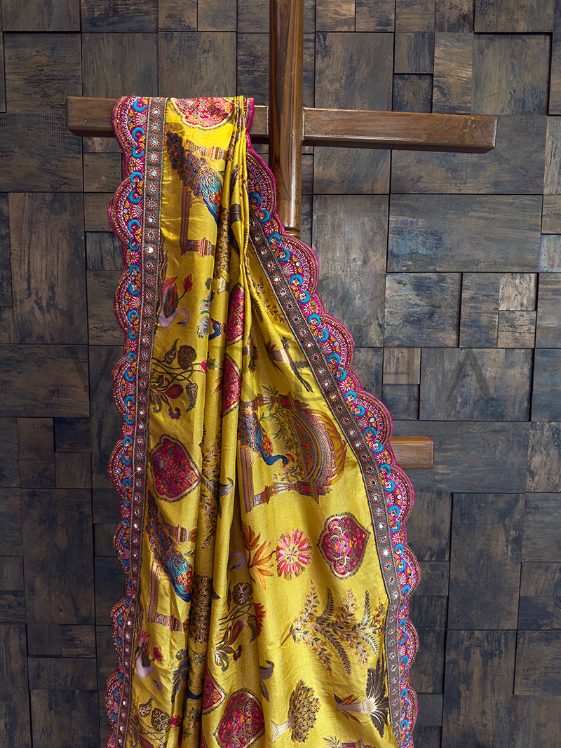 Picchwai Art Yellow Viscose Gaji Saree | Scalloped Border with Mirror & Zarkan Work