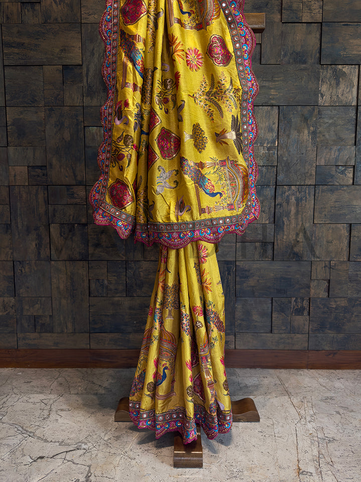 Picchwai Art Yellow Viscose Gaji Saree | Scalloped Border with Mirror & Zarkan Work