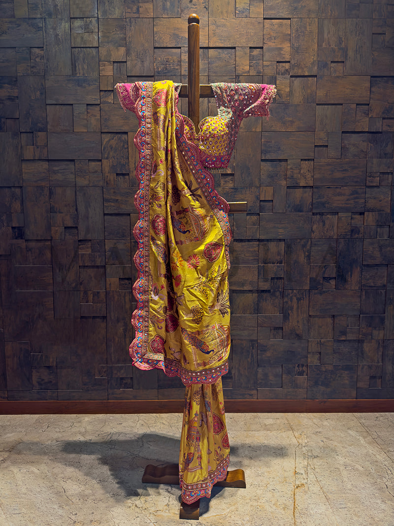 Picchwai Art Yellow Viscose Gaji Saree | Scalloped Border with Mirror & Zarkan Work