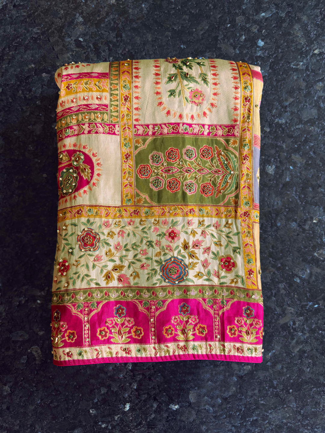 Cream & Pink Viscose Saree | Mughal Jharokha Embroidery with Zarkan Work