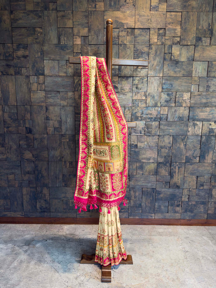 Cream & Pink Viscose Saree | Mughal Jharokha Embroidery with Zarkan Work