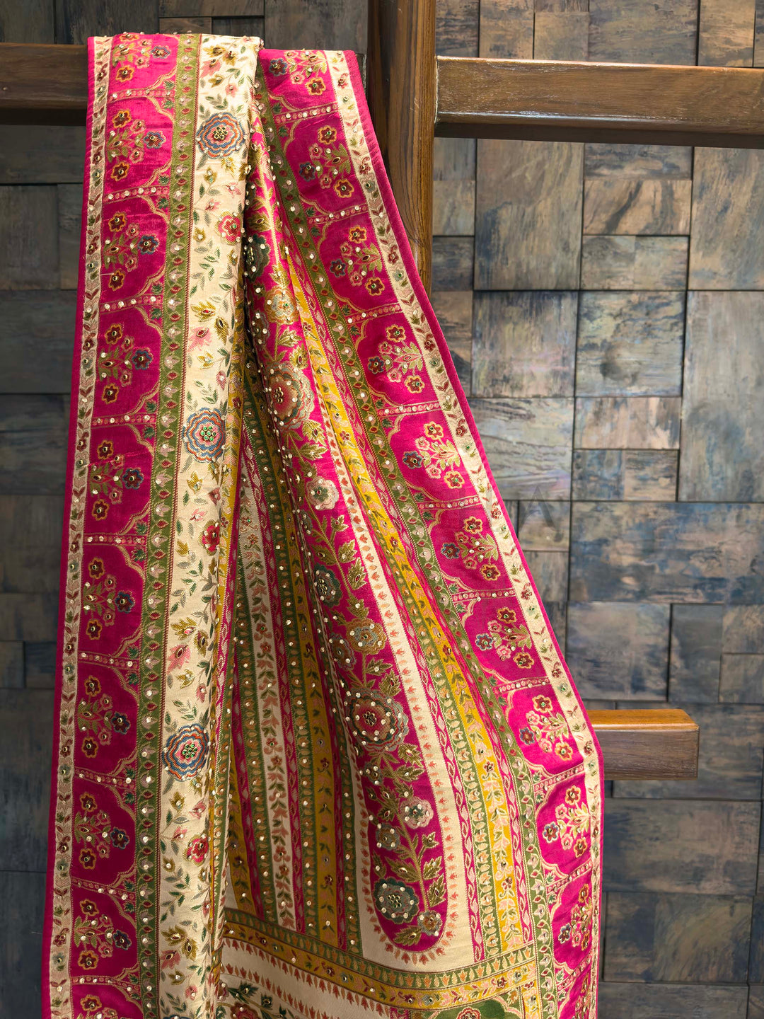 Cream & Pink Viscose Saree | Mughal Jharokha Embroidery with Zarkan Work