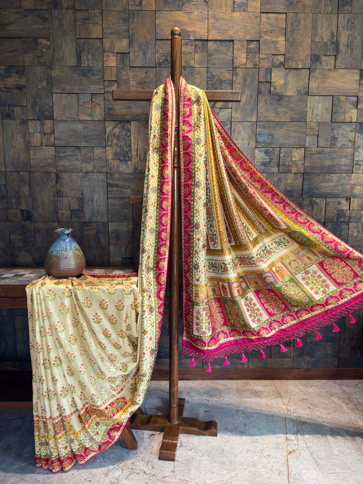 Cream & Pink Viscose Saree | Mughal Jharokha Embroidery with Zarkan Work