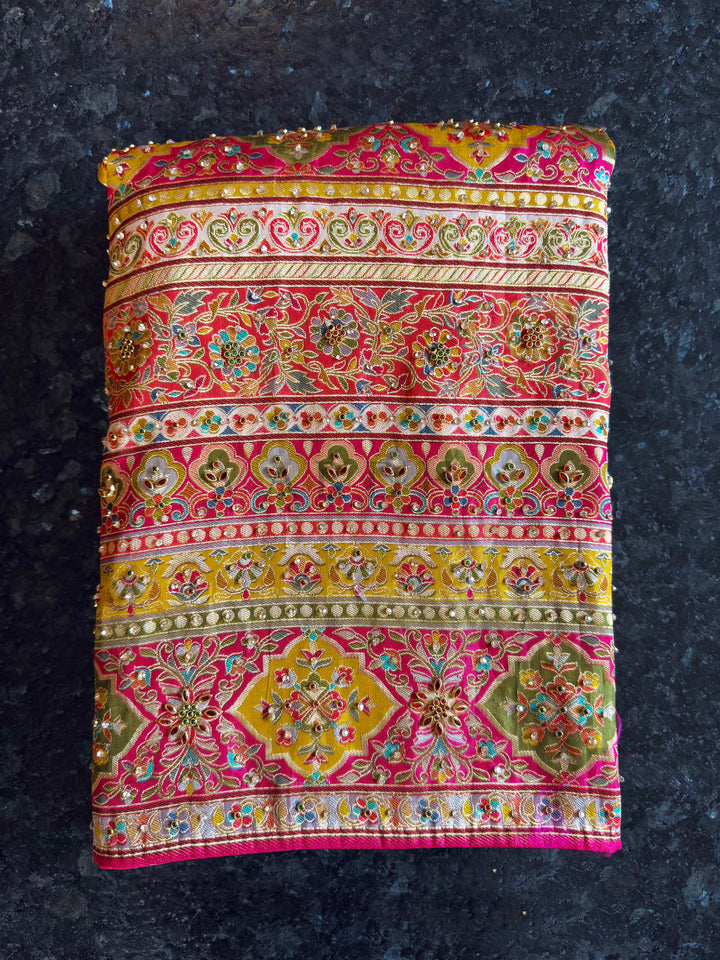Pink & Yellow Viscose Saree | Patola-Gaji Embroidery with Zarkan Work