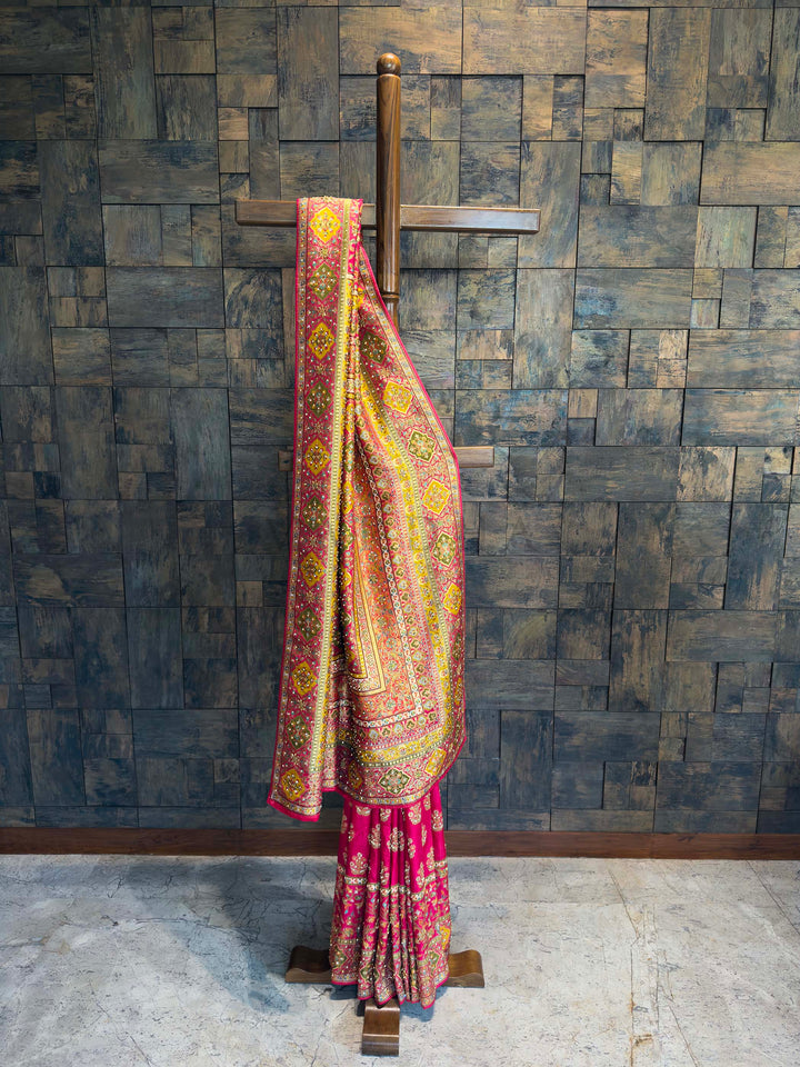 Pink & Yellow Viscose Saree | Patola-Gaji Embroidery with Zarkan Work