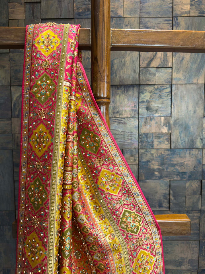 Pink & Yellow Viscose Saree | Patola-Gaji Embroidery with Zarkan Work