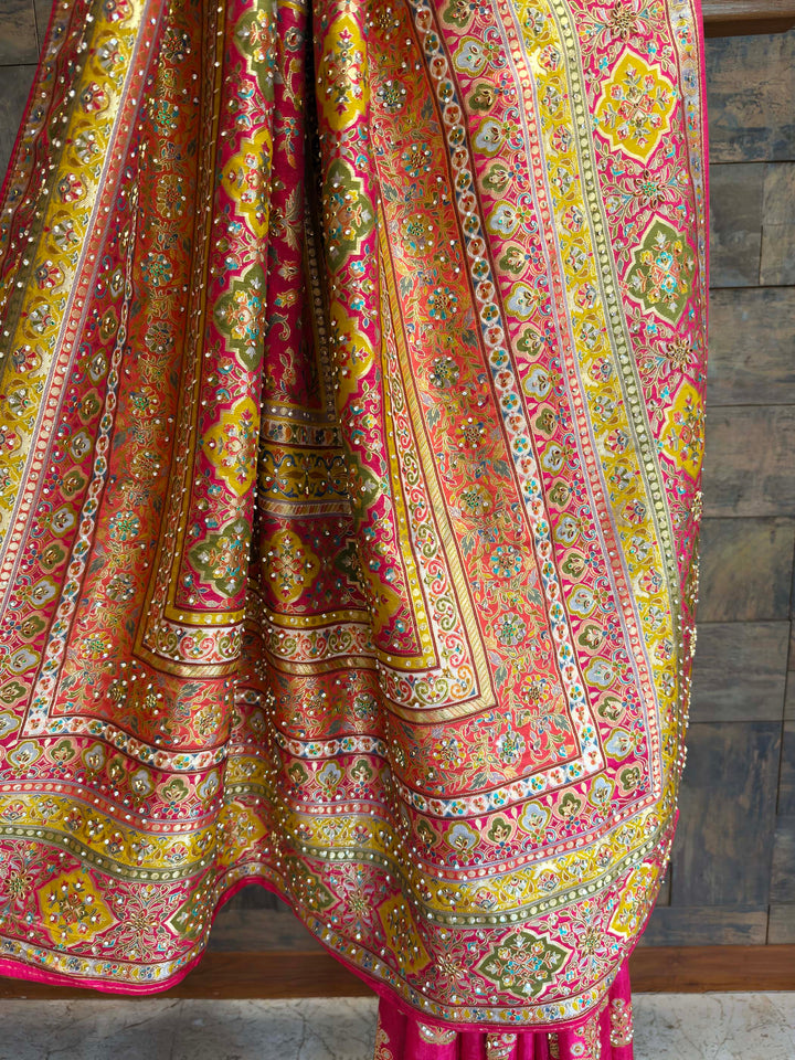 Pink & Yellow Viscose Saree | Patola-Gaji Embroidery with Zarkan Work