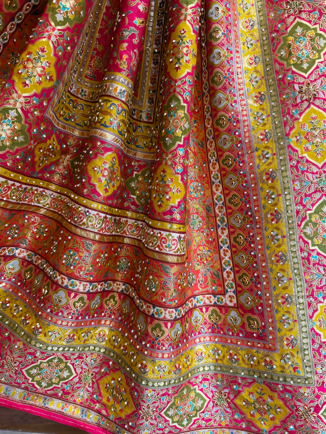 Pink & Yellow Viscose Saree | Patola-Gaji Embroidery with Zarkan Work
