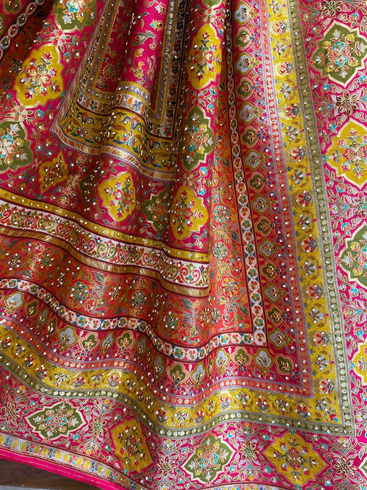 Pink & Yellow Viscose Saree | Patola-Gaji Embroidery with Zarkan Work