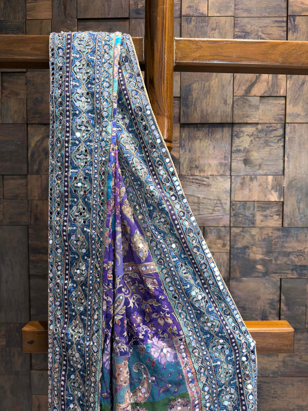 Purple Viscose Kutch Embroidery Saree with Mirror Work