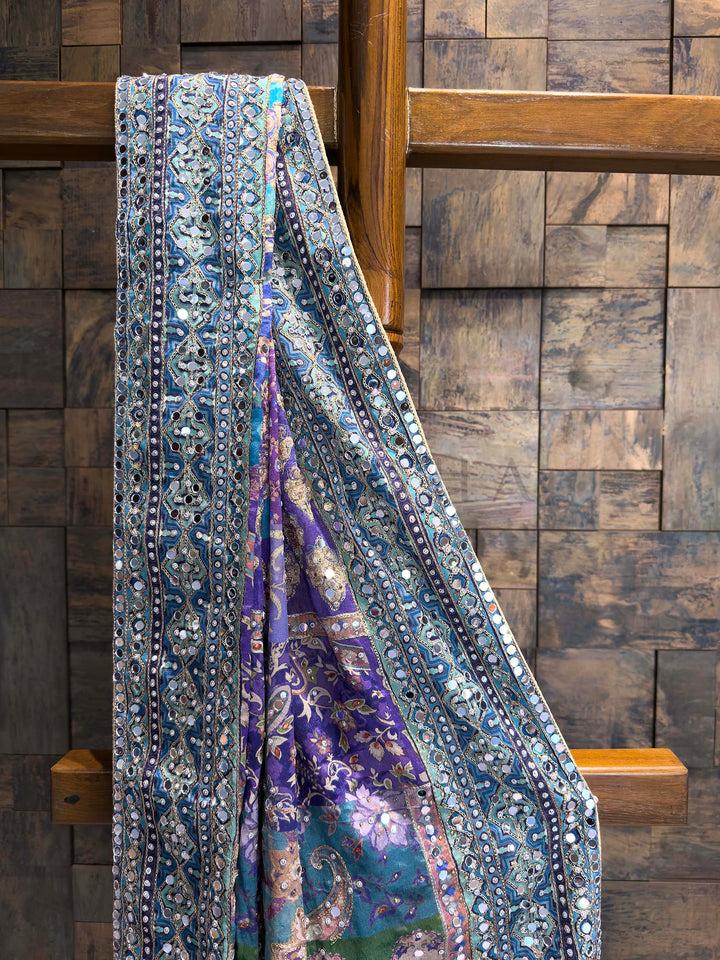 Purple Viscose Kutch Embroidery Saree with Mirror Work