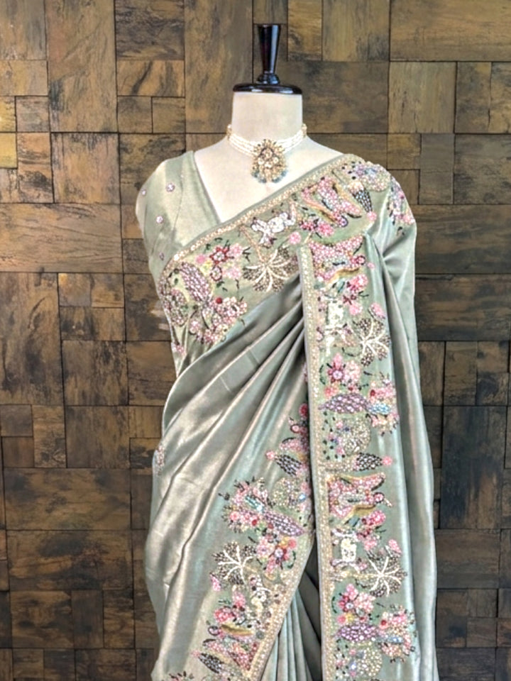Pista Green Tissue Silk Saree with Zari Weaving &amp; Hand Work