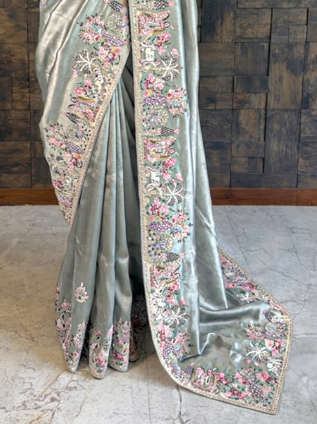 Pista Green Tissue Silk Saree with Zari Weaving &amp; Hand Work