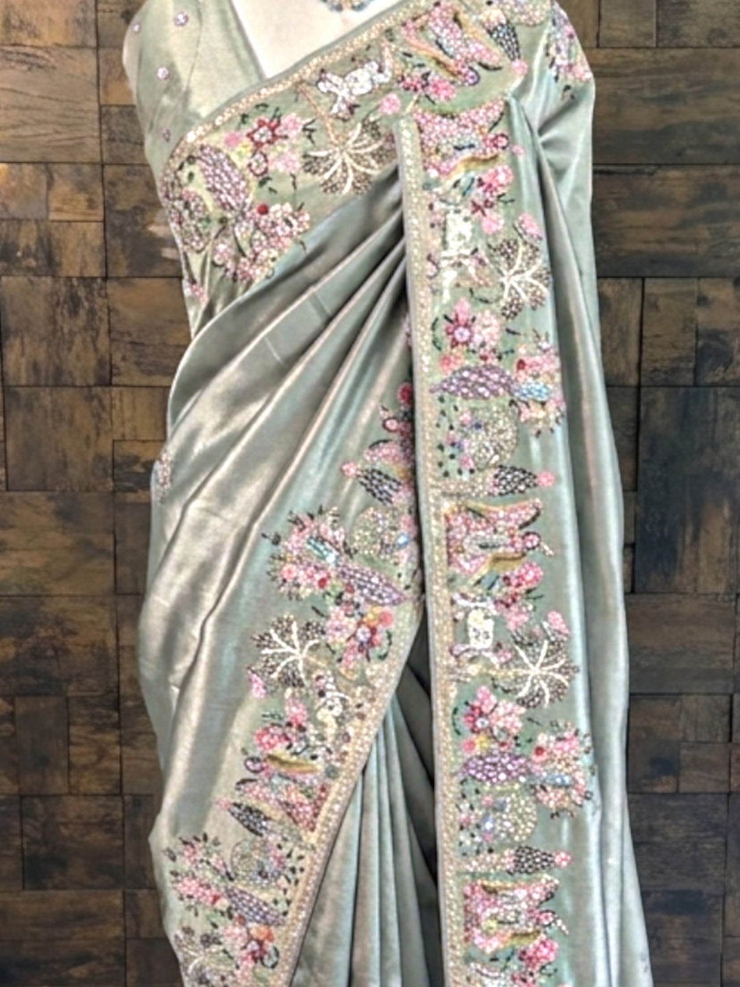 Pista Green Tissue Silk Saree with Zari Weaving &amp; Hand Work