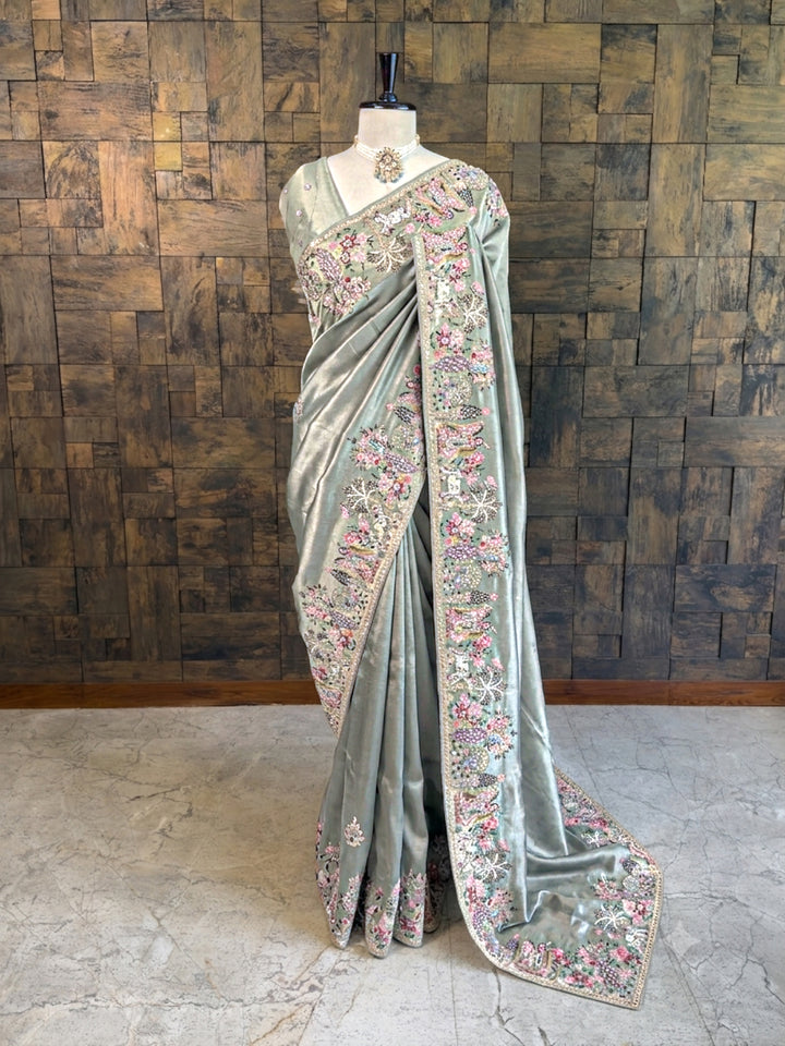 Pista Green Tissue Silk Saree with Zari Weaving &amp; Hand Work