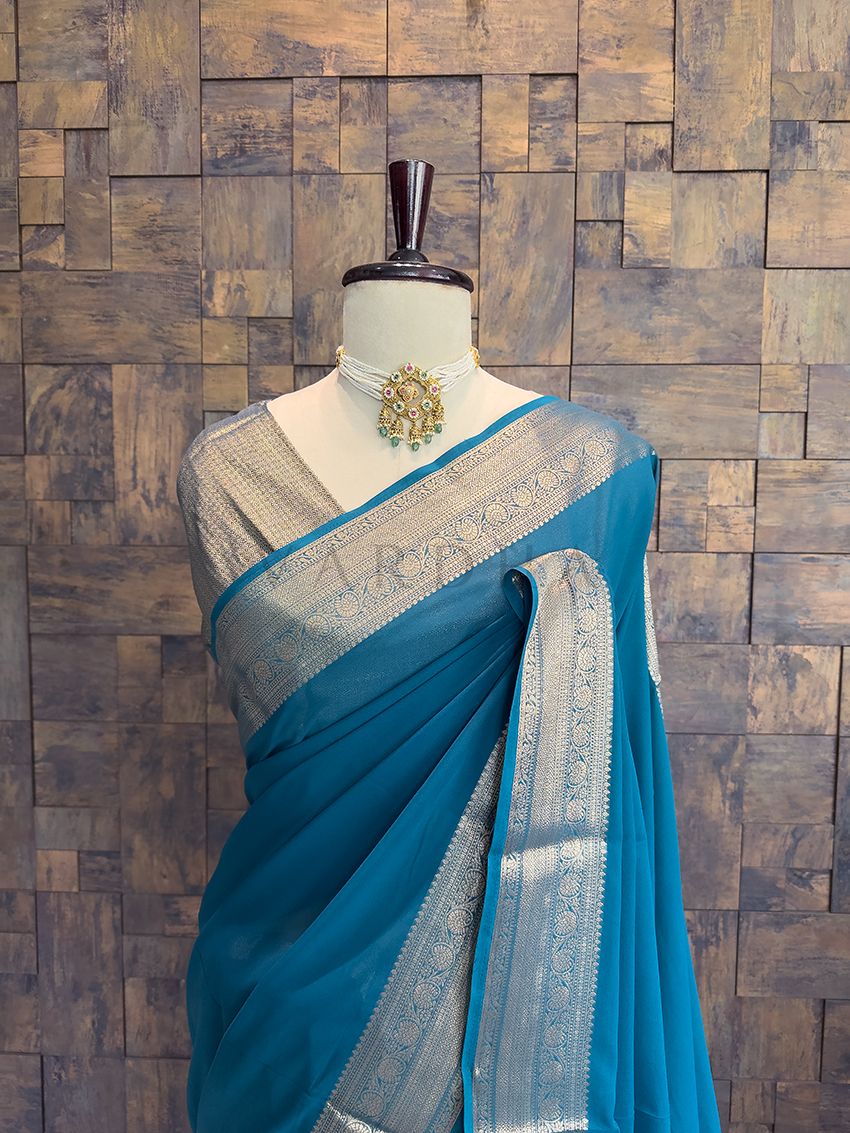 Rama Georgette Feather Soft Saree with Gold Zari Work