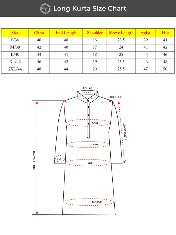 Long Kurta size chart with measurements for chest, full length, shoulder, sleeve length, waist, and hip. 