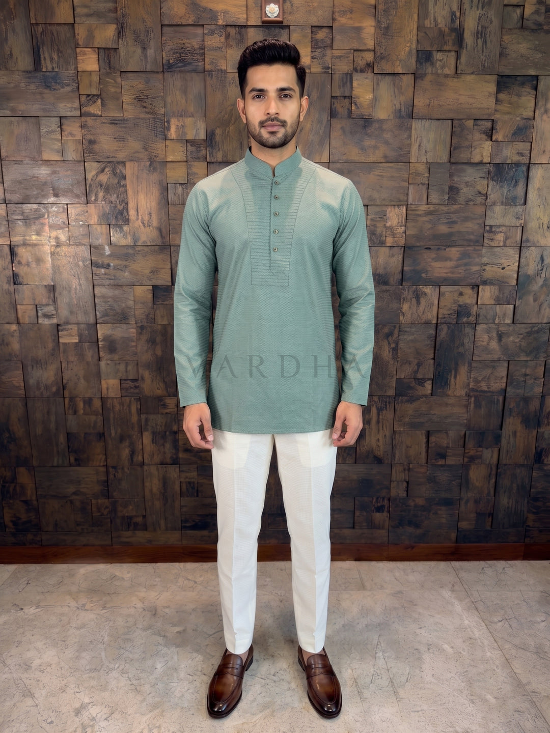 Man wearing Sage Green Cotton Short Kurta with Pintuck Yoke Work