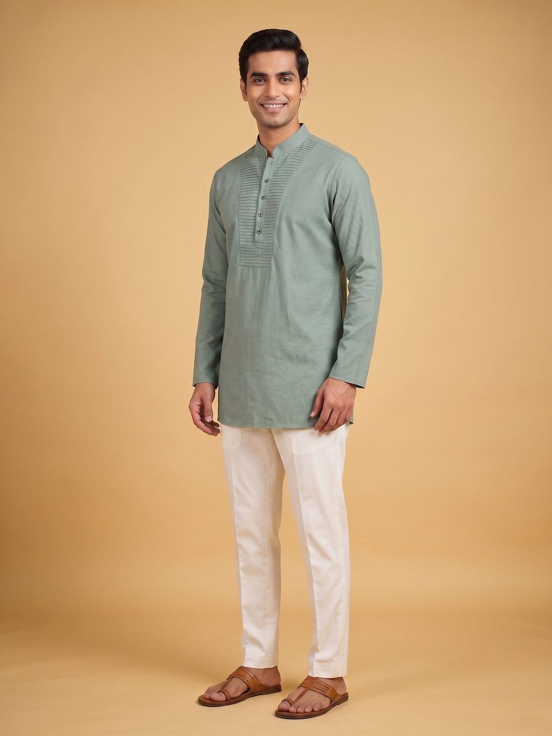 A man modeling a sage green long-sleeve kurta with white trousers and brown sandals, standing against a solid beige studio background. Full-length front view of a man modeling a sage green cotton short kurta with intricate pintuck yoke work and white trousers.