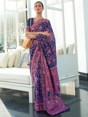 Sapphire Blue Lucknowi Chikankari Cotton Saree featuring Traditional Handwoven Embroidery, ideal for Wedding Ceremonies and Festive Occasions.

