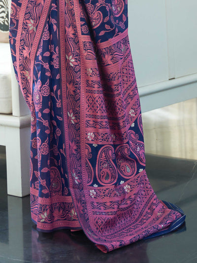 Handcrafted Sapphire Blue Chikankari Organza Saree with Exquisite Traditional Patterns, suitable for Wedding Receptions and Grand Events.

