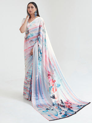 A sky blue and blush pink digital print saree, designed with elegant drapes and a modern aesthetic, perfect for casual and festive occasions.