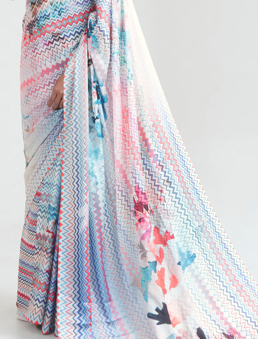 sky blue saree, blush pink saree, digital print saree, modern ethnic saree, lightweight saree, contemporary saree