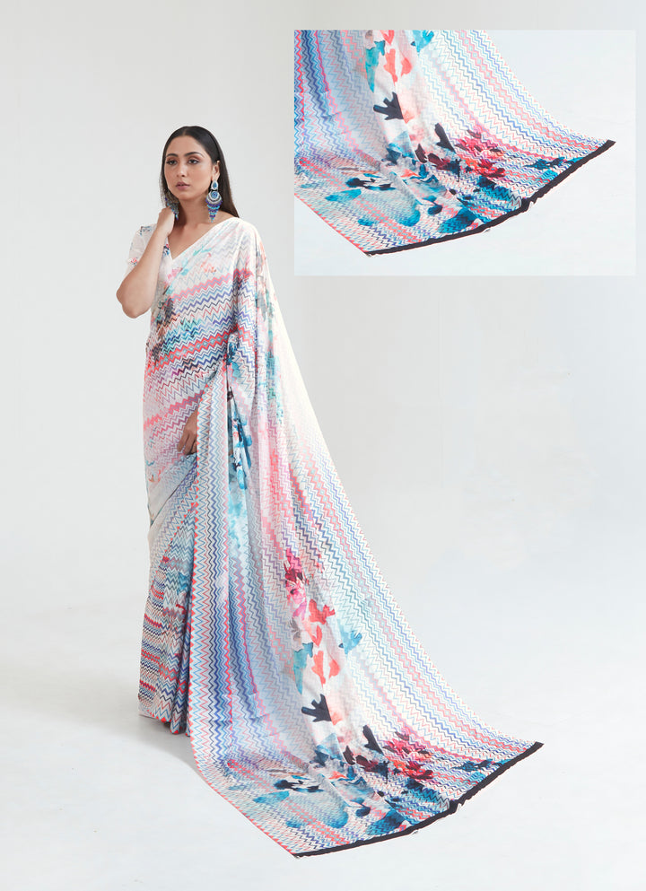 Shop this exquisite sky blue and blush pink digital print saree featuring a modern aesthetic and lightweight fabric. Perfect for festivals, social gatherings, and day-to-night elegance.