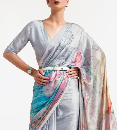 Silver grey-blue Bollywood crepe saree with stylish digital floral print and luxurious festive appeal.