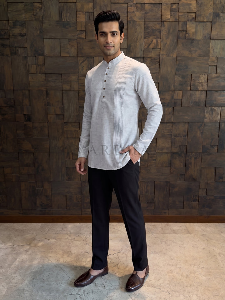 Man Wearing Steel Grey Cotton Short Kurta with Structured Pintuck Yoke