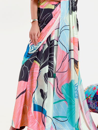 Designer black and pastel green-white crepe saree with digital floral patterns and Bollywood-inspired drape, perfect for festive occasions.