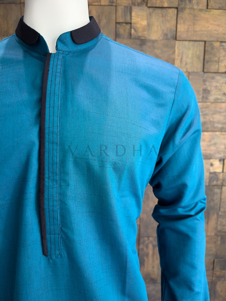 Teal Blue Designer Cotton Kurta for Men - Slub Textured Ethnic Wear with Contrast Collar.