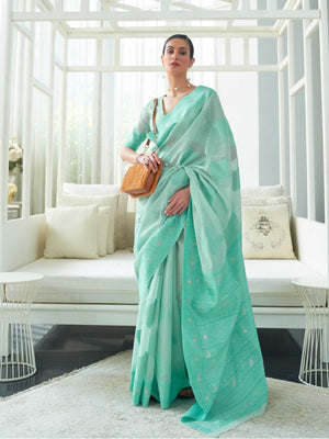 Turquoise Lucknowi Chikankari Cotton Saree featuring Traditional Handwoven Embroidery, ideal for Wedding Ceremonies and Festive Occasions. 
