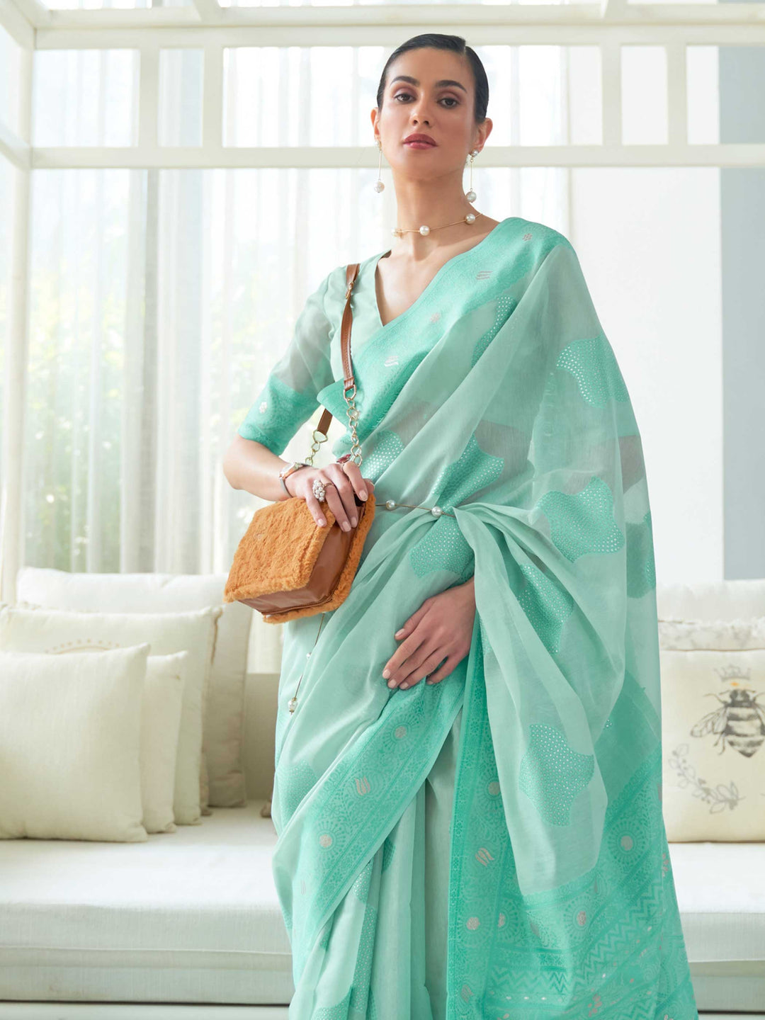 Traditional Turquoise Chikankari Weaving Saree in Soft Silk Fabric, designed for Bridesmaids and Cultural Festivities.

