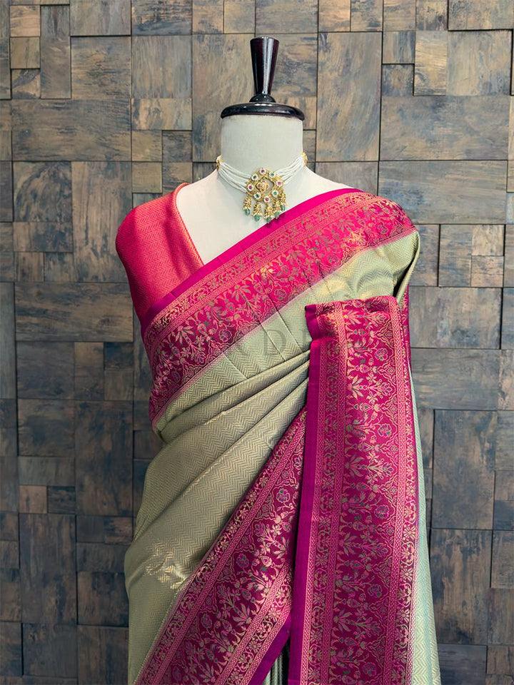Seagreen-Rani Woven Kalamkari Tissue Silk Saree with Zari Work