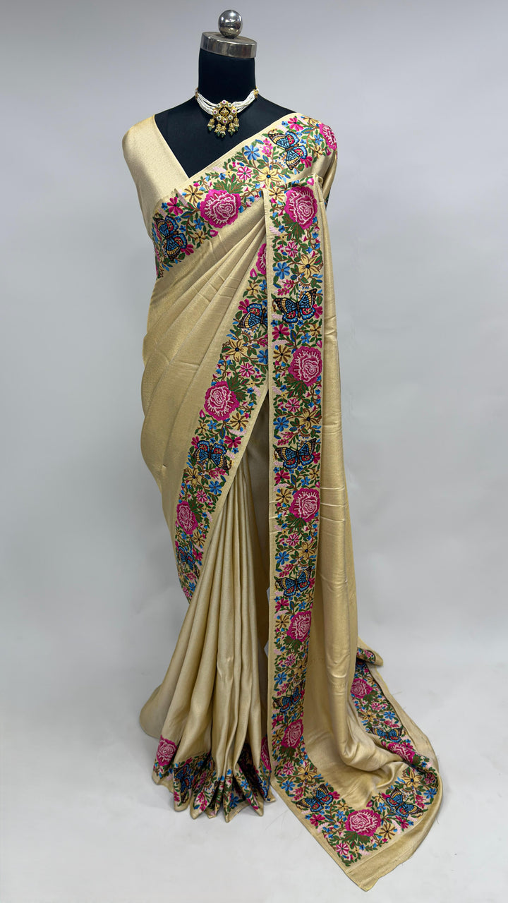 Cream Tissue Kanjivaram Silk Saree with Parsi Gara Embroidery